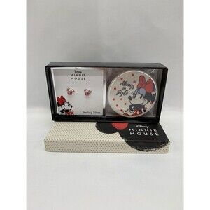 Disney Minnie Mouse Pink Crystal & Sterling Silver Earrings & Trinket Dish